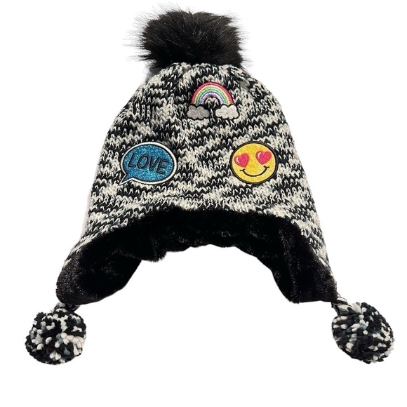 Chunky Knit Emoji Tassled Beanie Black & White Girls OS Hat - Picture 1 of 9
